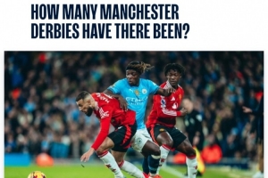 曼市德比数据：曼城62胜曼联80胜54场战平，历史首战在1891年